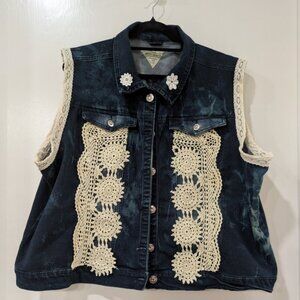 Denim and Lace Upcycled One of a Kind Boho Vest Woman's Sz 2X